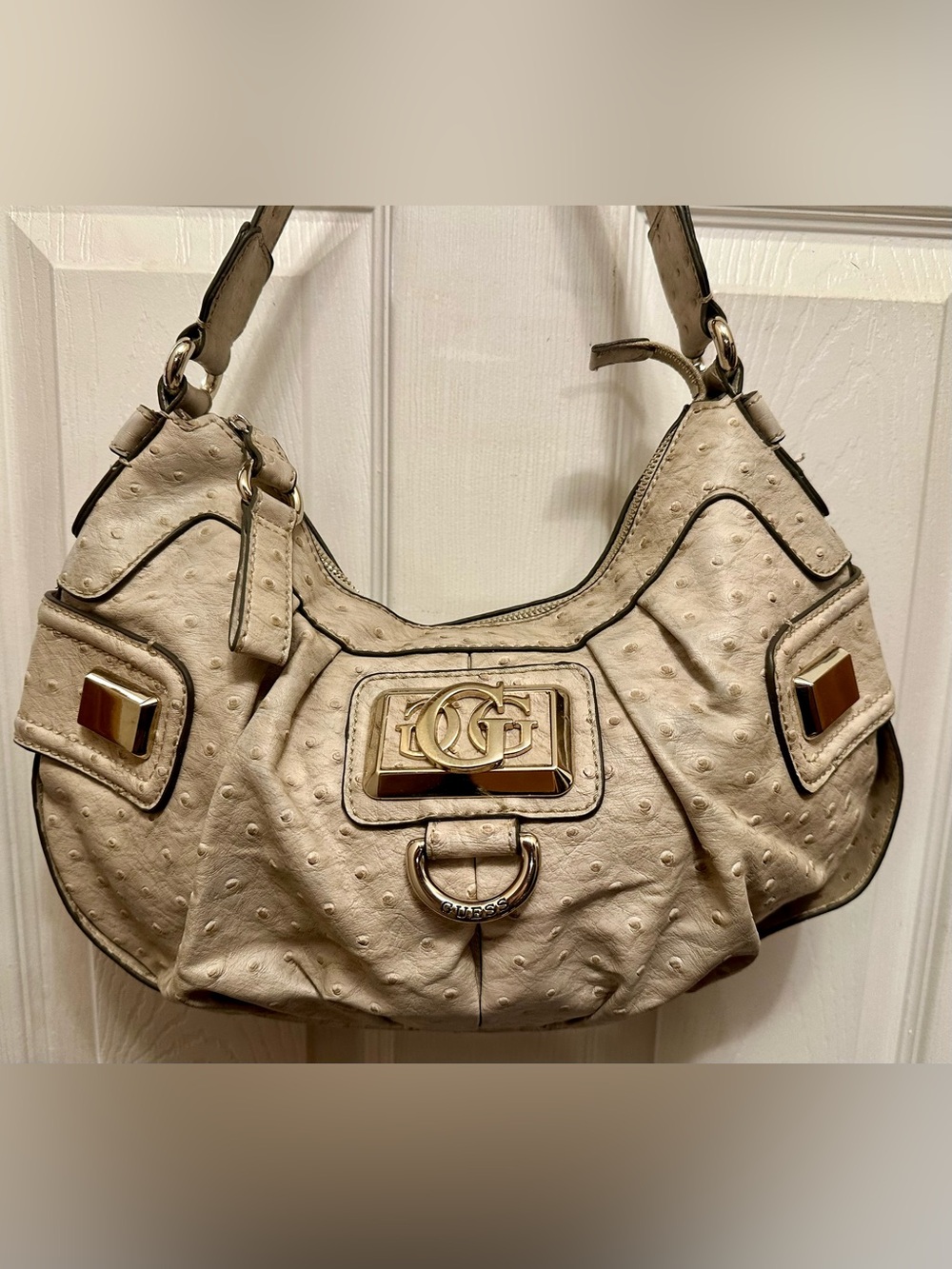 GUESS Cream Ostrich-Embossed Shoulder Bag